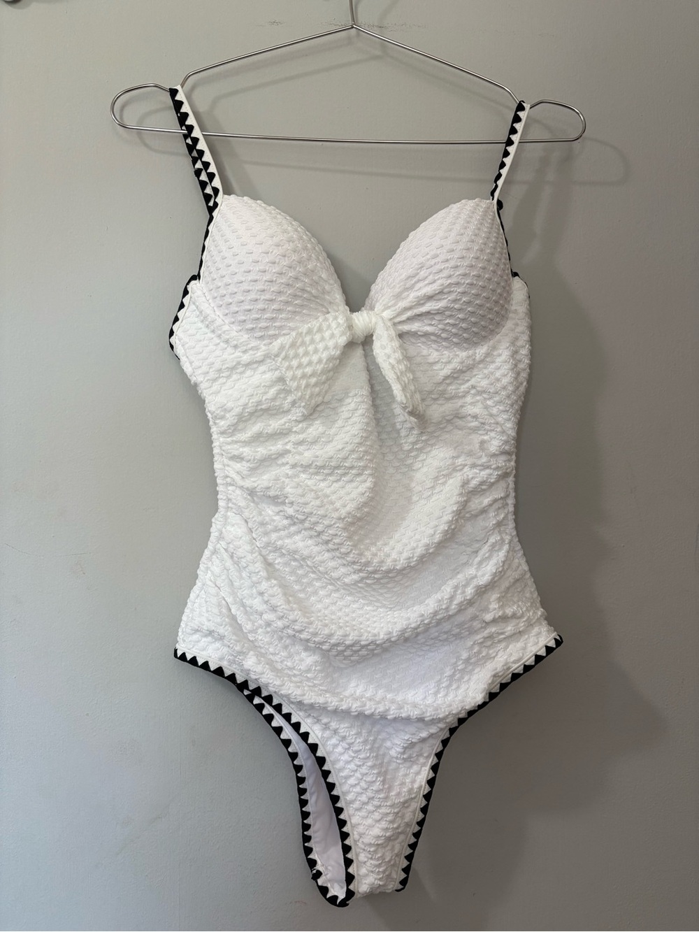 White Textured One-Piece Swimsuit with Black Trim